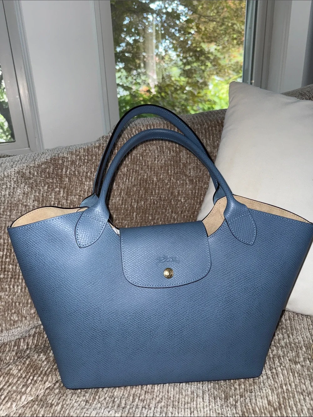 Longchamp Blue Pebbled Leather Tote- Épure shoulder bag in Slate